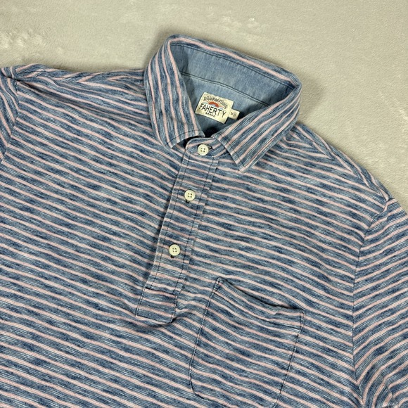 Faherty Polo Shirt Mens Medium Blue Pink Striped Short Sleeve Indigo Dyed - Picture 1 of 8